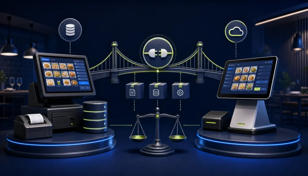 Comparison between connecting an established restaurant POS and migrating to a replacement system