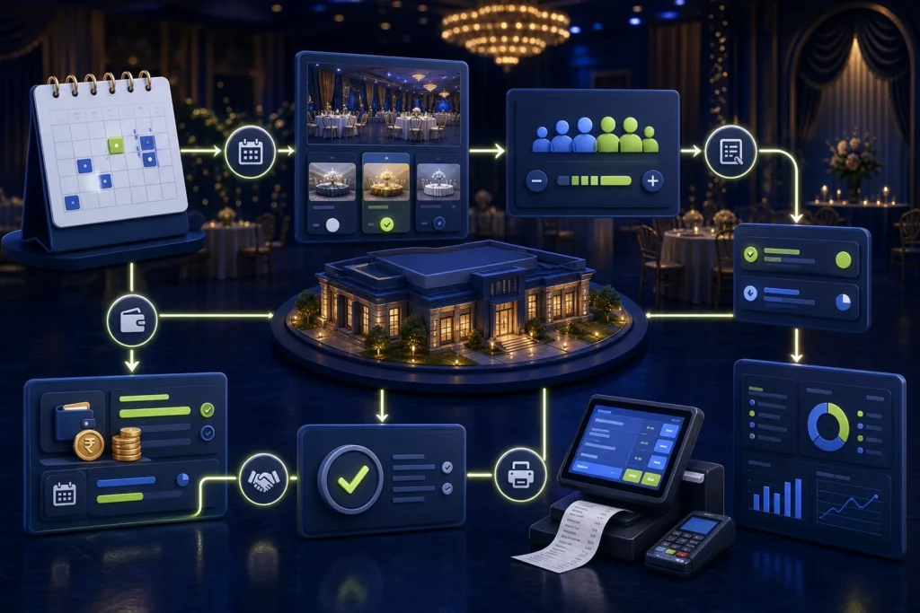 Marriage hall booking, package, guest count, payments, final invoice and reporting connected in one workflow
