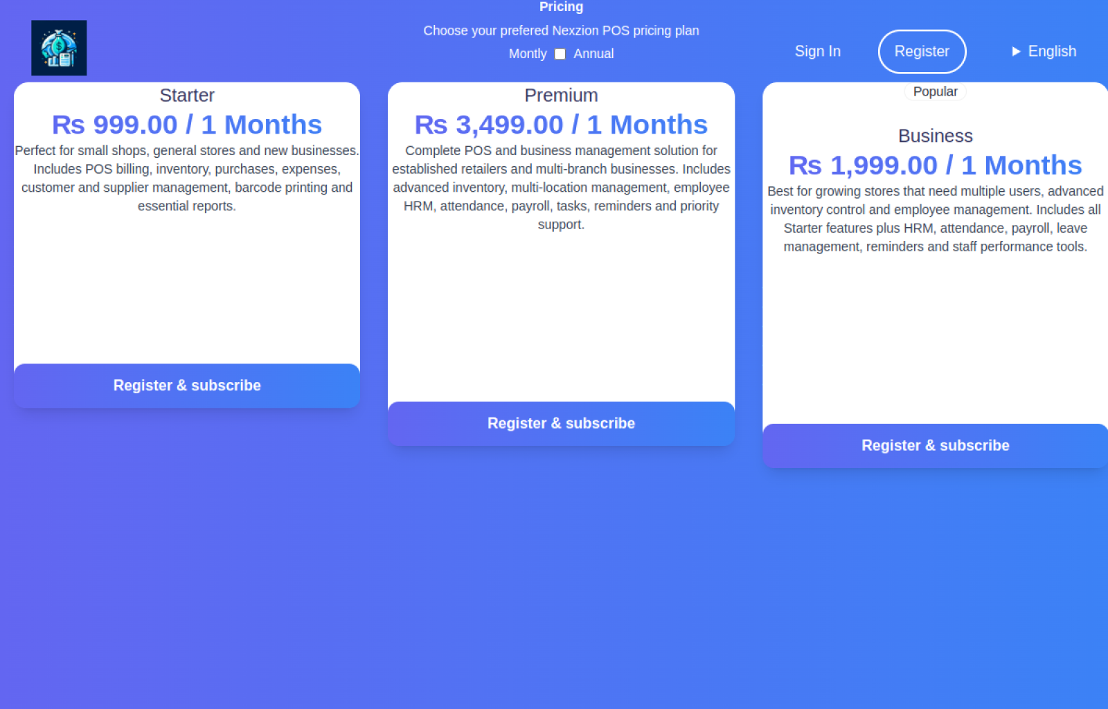 NexZion POS monthly pricing plans for Starter, Business and Premium packages