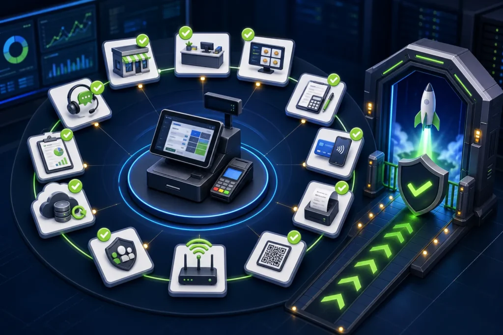 POS implementation checkpoints for branch, menu, totals, payments, receipt, QR, backup and production launch