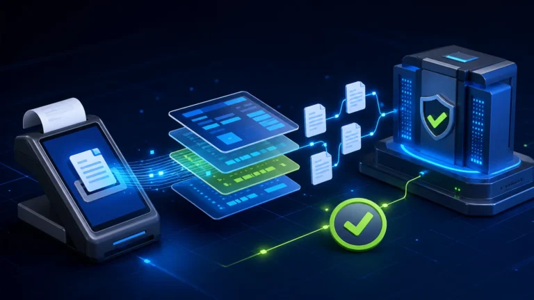 Structured PRA eIMS invoice payload moving from a POS terminal to a secure fiscal service