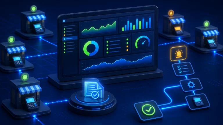 PRA eIMS monitoring dashboard connected to branch POS status, alerts and incident recovery workflow