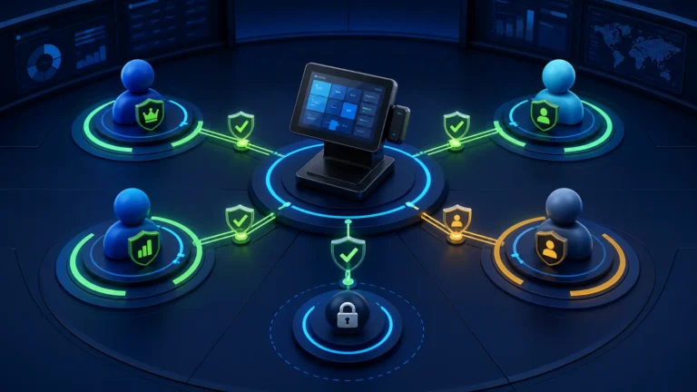 POS terminal surrounded by controlled user roles, permissions and manager approval gates