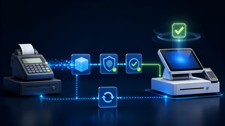 Secure migration from an old PRA POS counter to a new device with backup and identity checks