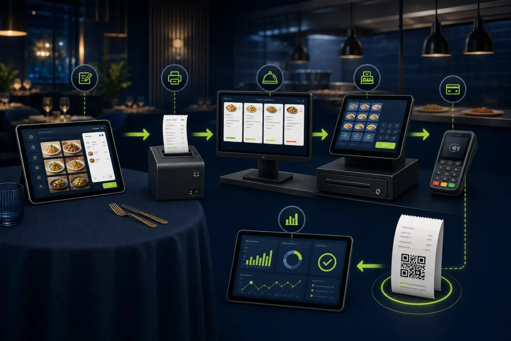 Restaurant order, kitchen ticket, cashier, payment, fiscal receipt and closing dashboard connected in one workflow