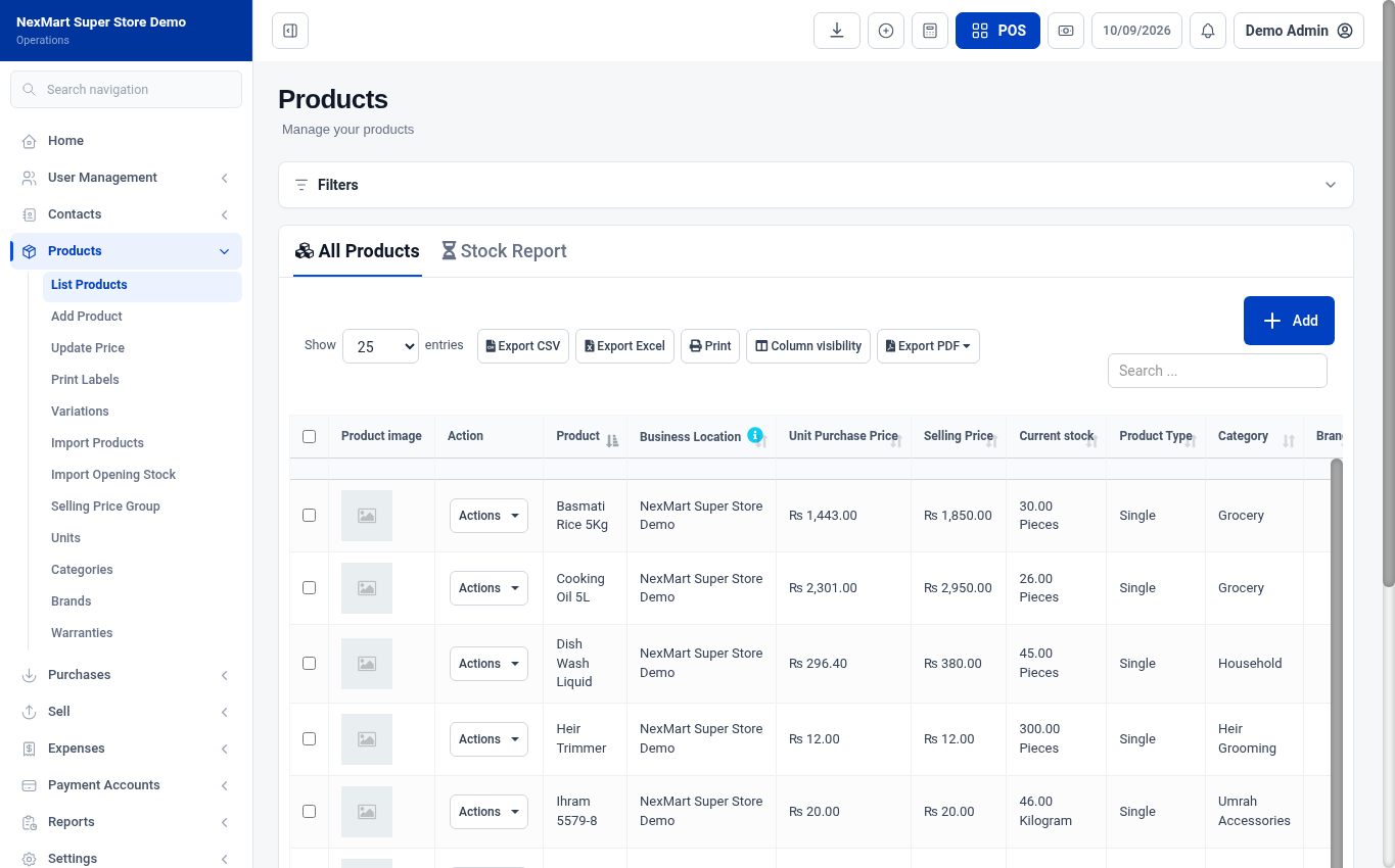 Real NexZion POS sample inventory and product-management screen